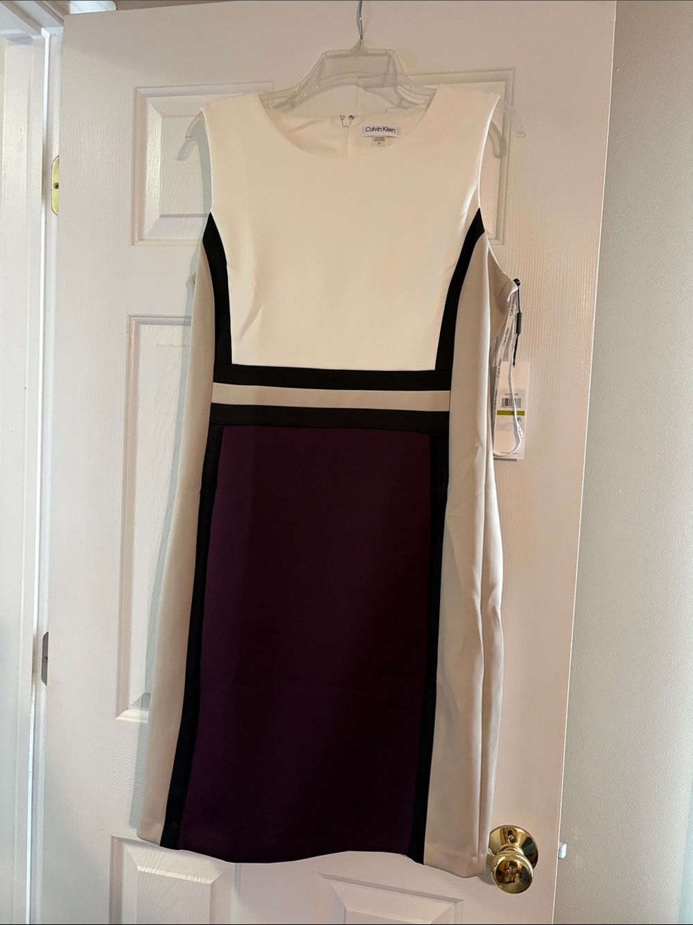 Calvin Klein White, Black and Plum Colorblock Midi Dress